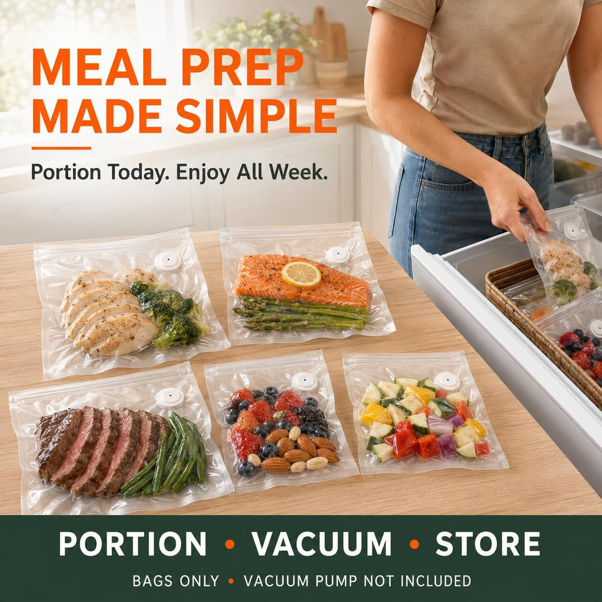 Vacuum Sealer Bags for Food, 60 Pcs Reusable Food Storage Bags, S+M+L Sizes, Air Valve Zipper Bags for Meal Prep, Freezer, Sous Vide & Microwave Storage