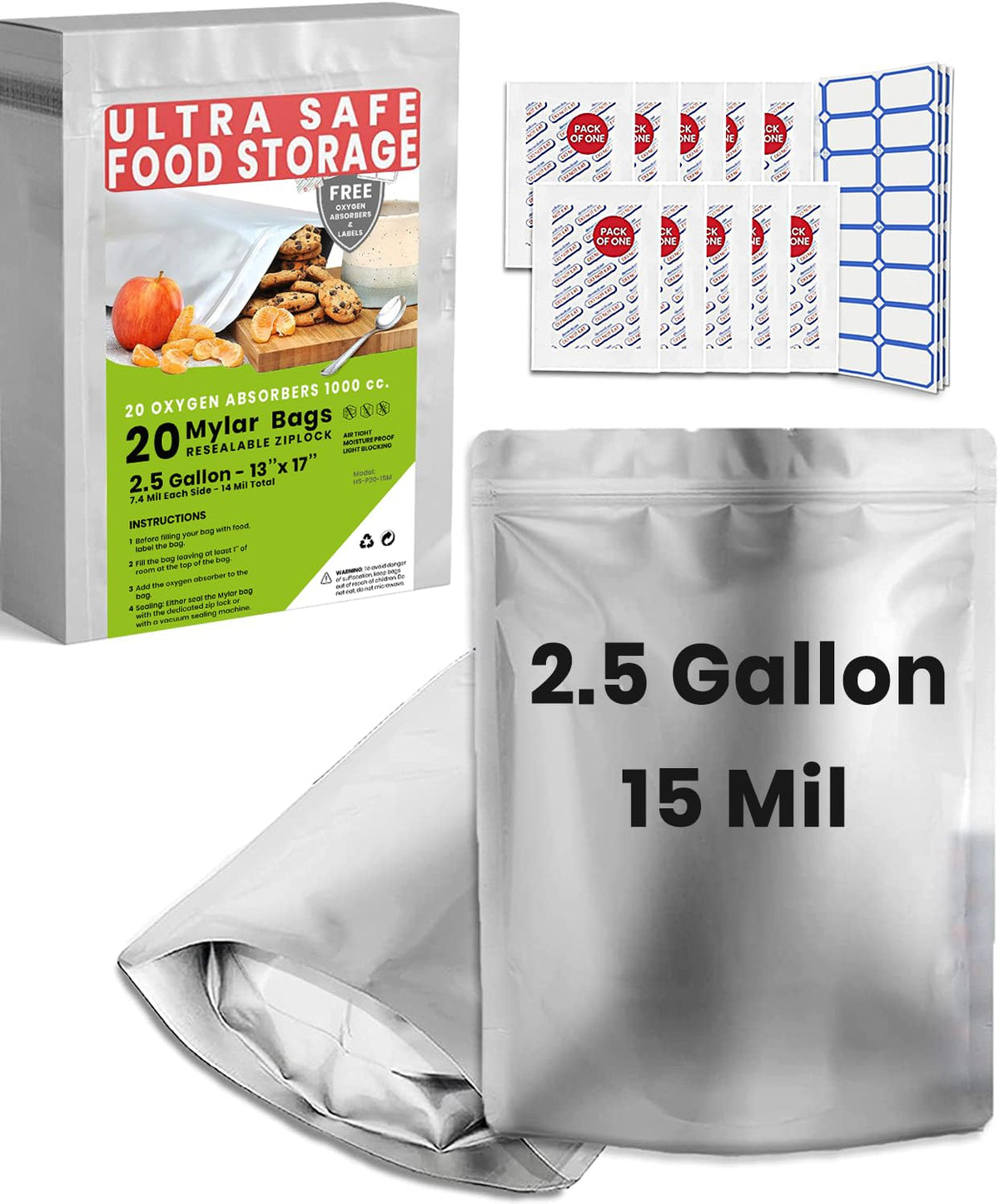 10pcs 5 Gallon Mylar Bags for Food Storage - 10 Mil Thick - Extra large bags 5 Gallon with Oxygen Absorbers 2500cc - Zipper Resealable Milar Bags - Bolsas Mylar 5 Galones