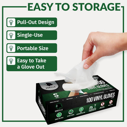 GORILLA SUPPLY Disposable Heavy Duty Vinyl Gloves Latex & Powder Free, BPA Free Food Safe, 100, 300, 1000, S, M, L, XL