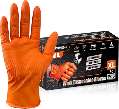 PROMEDIX P Heavy Duty Nitrile Disposable Gloves,8-mil Orange,Raised Diamond Texture Work Gloves，Industrial Work gloves