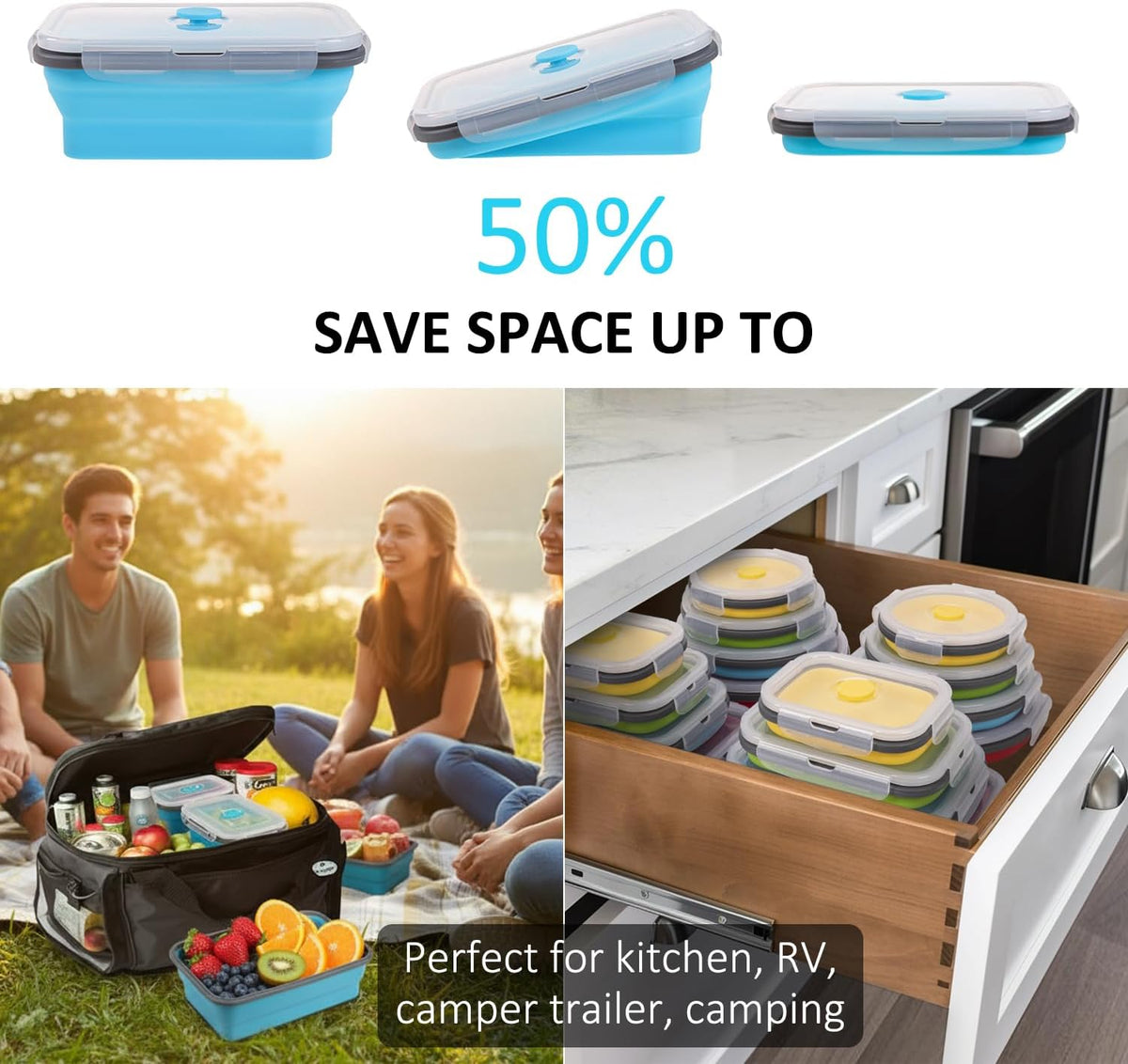 Collapsible Food Storage Containers with Lid & Air Vent, 8 Pack, 4 Rectangular + 4 Round, Annaklin Foldable Silicone Lunch Containers Collapsible Bowls Set, Microwave Freezer Dishwasher Safe, 4 Colors