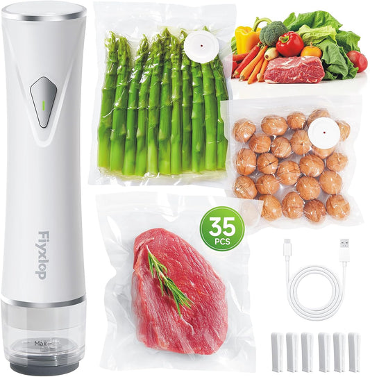 Vacuum Sealer for Food, Premium Handheld Vacuum Sealer + 35 Reusable Vacuum Bags, Powerful Vacuum Food Sealer for Kitchen, Home, BBQ, Travel, Gifts, Seal Food 6X Fresh Longer