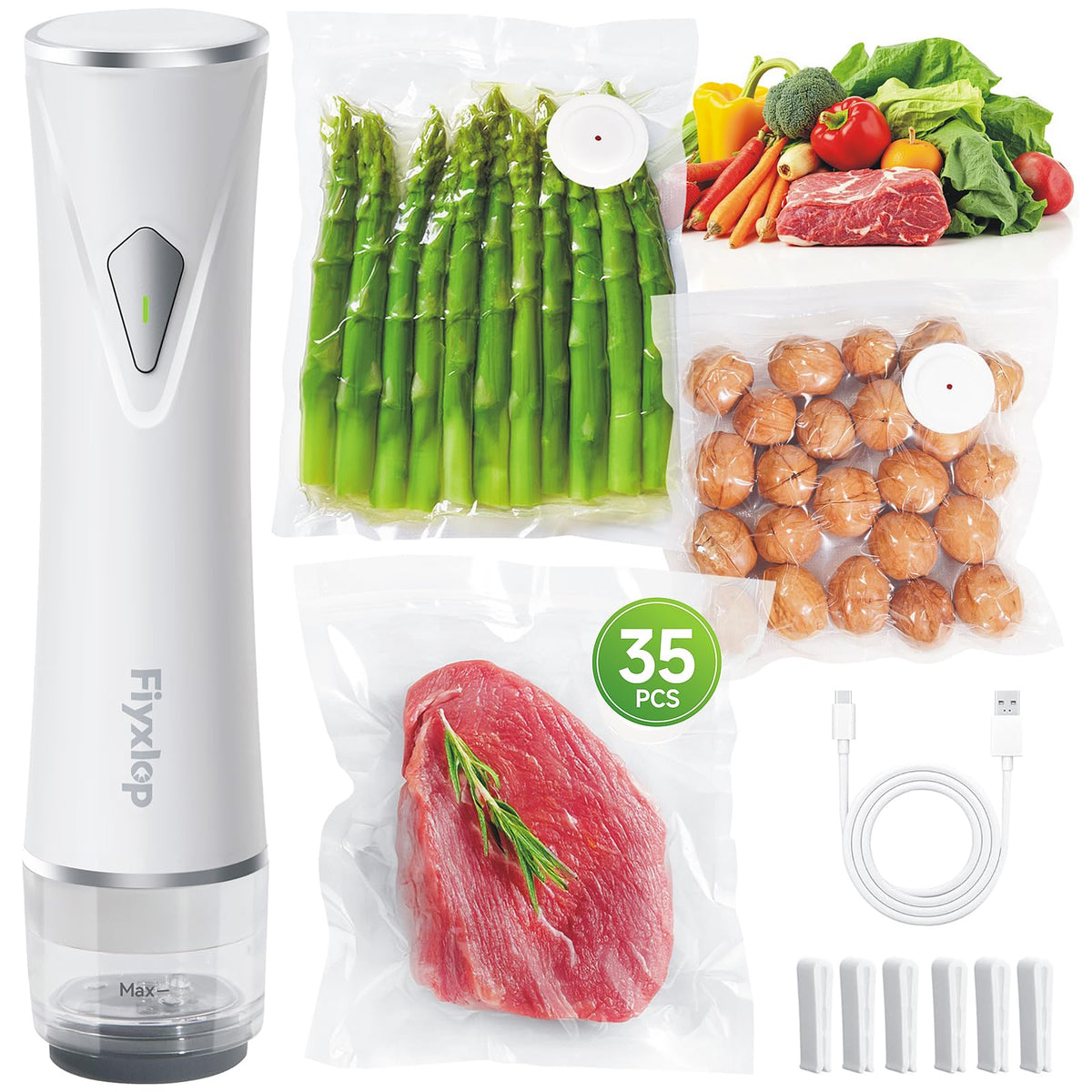 Vacuum Sealer for Food, Premium Handheld Vacuum Sealer + 35 Reusable Vacuum Bags, Powerful Vacuum Food Sealer for Kitchen, Home, BBQ, Travel, Gifts, Seal Food 6X Fresh Longer