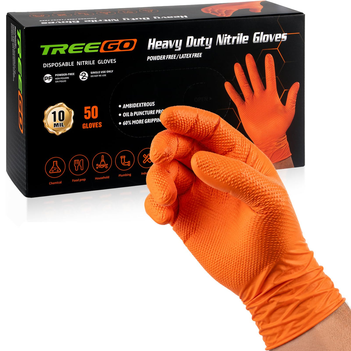 TREEGO 10 Mil Heavy Duty Black Nitrile Mechanic Gloves, 50 Count L