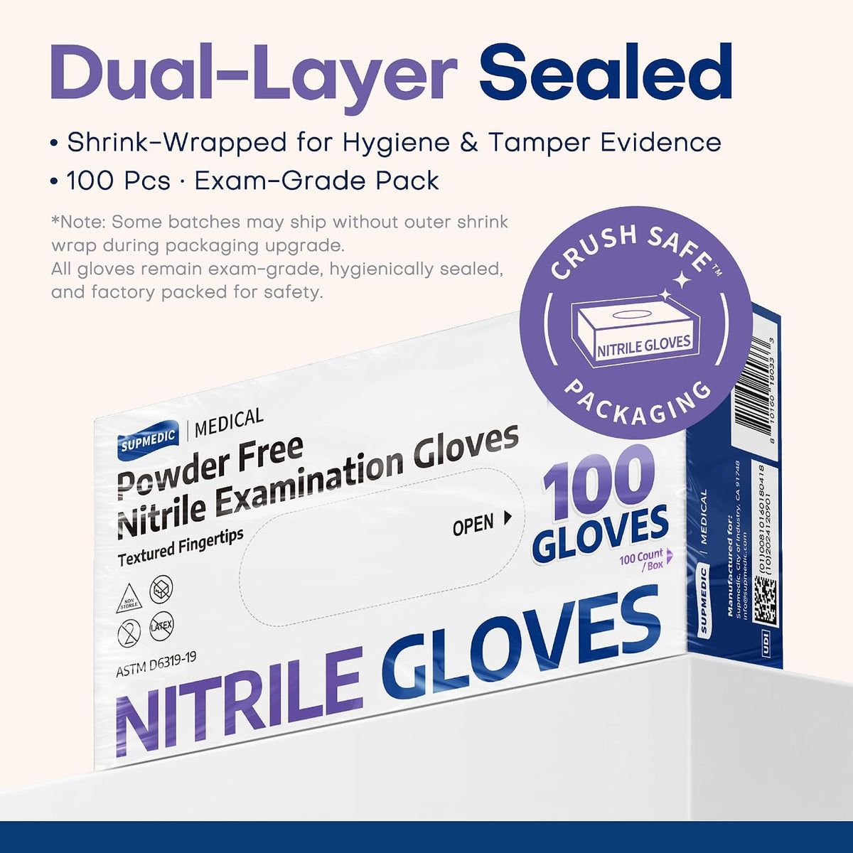 Supmedic Medical Soft Max Nitrile Disposable Gloves Powder-Free, Violet 100