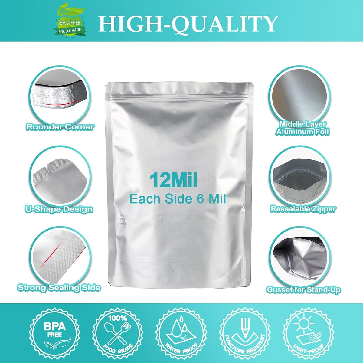 100pcs Mylar Bags for Food Storage 12 Mil Thick with 150x400cc Oxygen Absorbers & Labels, 3 Sizes (1 Gallon, 1 Quart, 1/2 Pint) - Stand-Up, Resealable & Heat Sealable for Long Term Food Storage