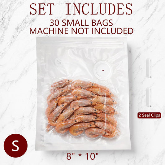 30-Pack Small Vacuum Sealer Bags & 2 Bonus Sealing Clips, Compatible with Chef Preserve – BPA-Free (8 x 10 in) Reusable Food Storage Bags for Freezer, Microwave, Sous Vide – Leak-Proof