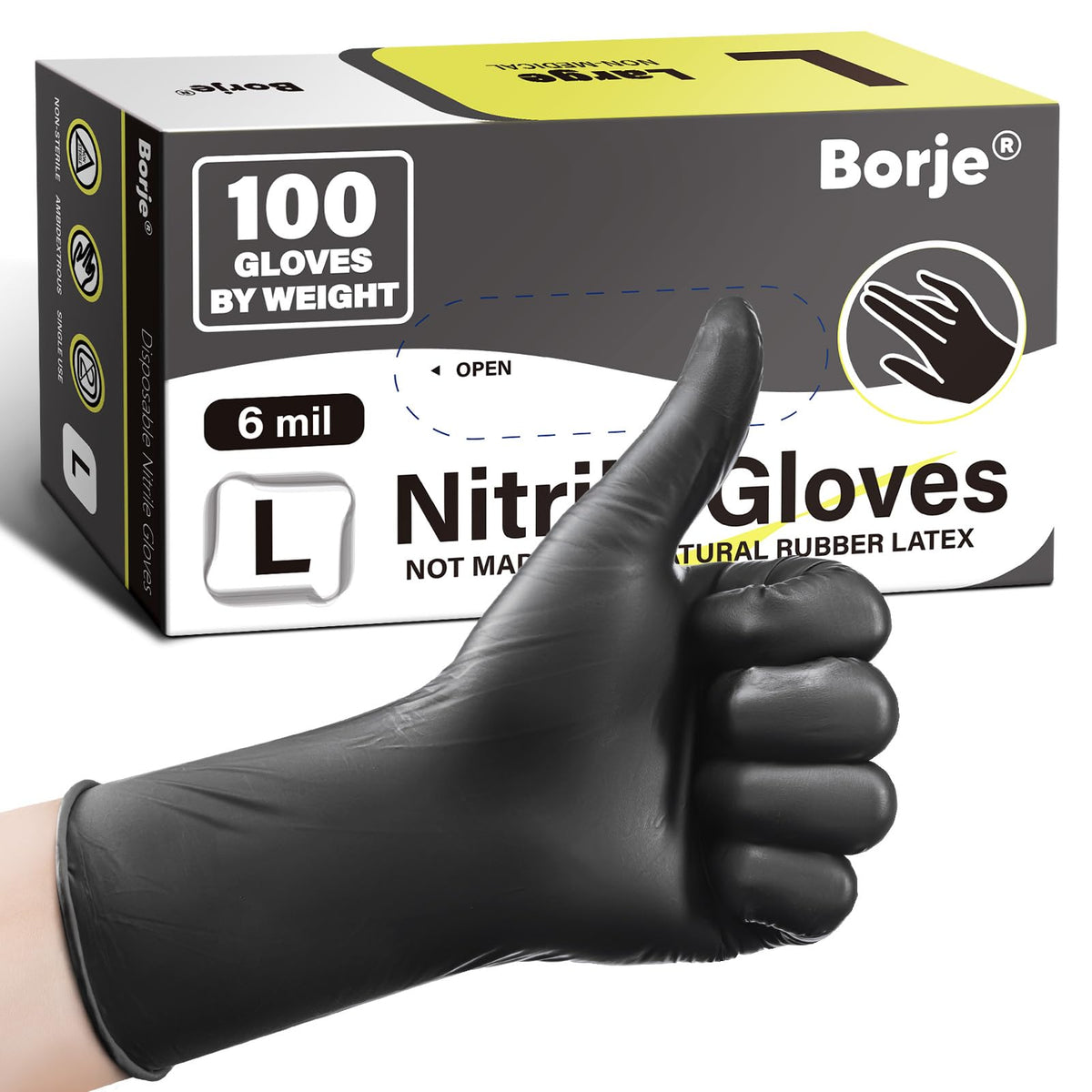 Borje Nitrile Gloves XL, 100 Count Disposable Gloves, Black, Latex-Free Powder-Free, Medical Exam, Food Safe, Cleaning, Cooking