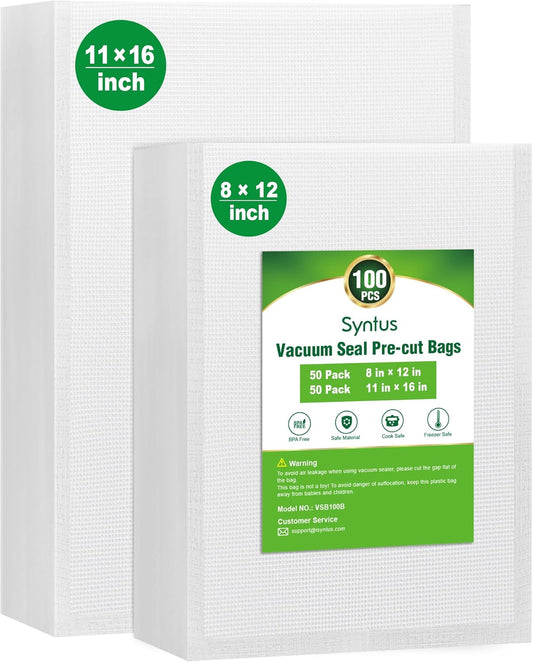 Syntus 100 Pcs Vacuum Sealer Bags for Food, 8x12+11x16, BPA Free