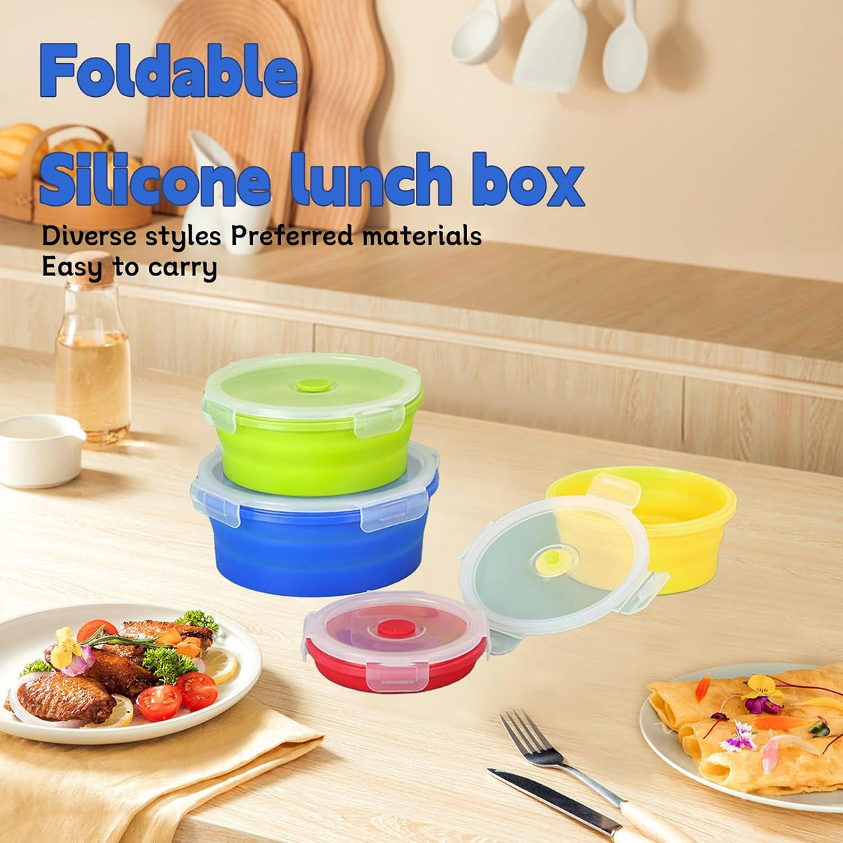 4 Collapsible Food Storage Containers, Silicone Food Storage Containers, Round Collapsible Bowls with lids, Microwave Freezer Dishwasher Safe (Colorful)