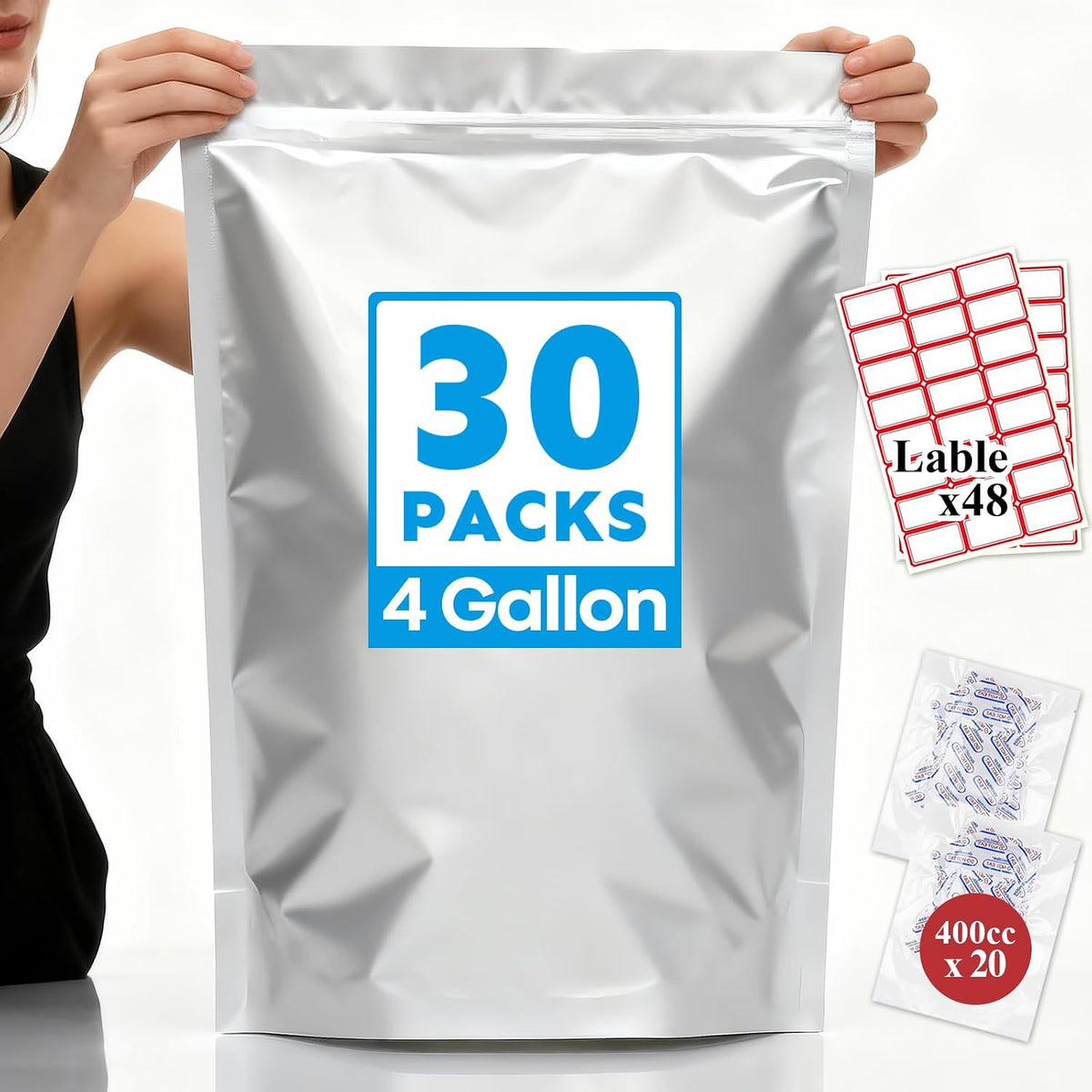 Mylar Bags 4Gallon 30PCS 14"X20" for Food Storage with Oxygen Absorbers&Labels,10Mil Thick Resealable Zipper&Heat Seal Stand Up Pouches for Packaging Long Term,Dried Food,BPA Free