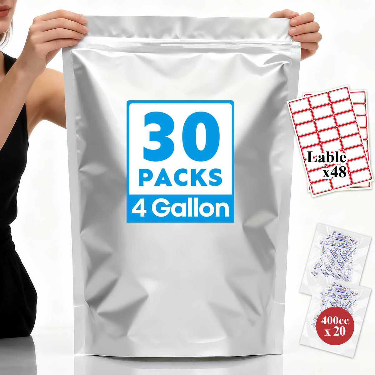 Mylar Bags 2Gallon 30PCS 17"X13" for Food Storage with Oxygen Absorbers&Labels,10Mil Thick Resealable Zipper&Heat Seal Stand Up Pouches for Packaging Long Term,Dried Food,BPA Free