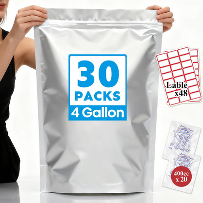 Mylar Bags 4Gallon 30PCS 14"X20" for Food Storage with Oxygen Absorbers&Labels,10Mil Thick Resealable Zipper&Heat Seal Stand Up Pouches for Packaging Long Term,Dried Food,BPA Free