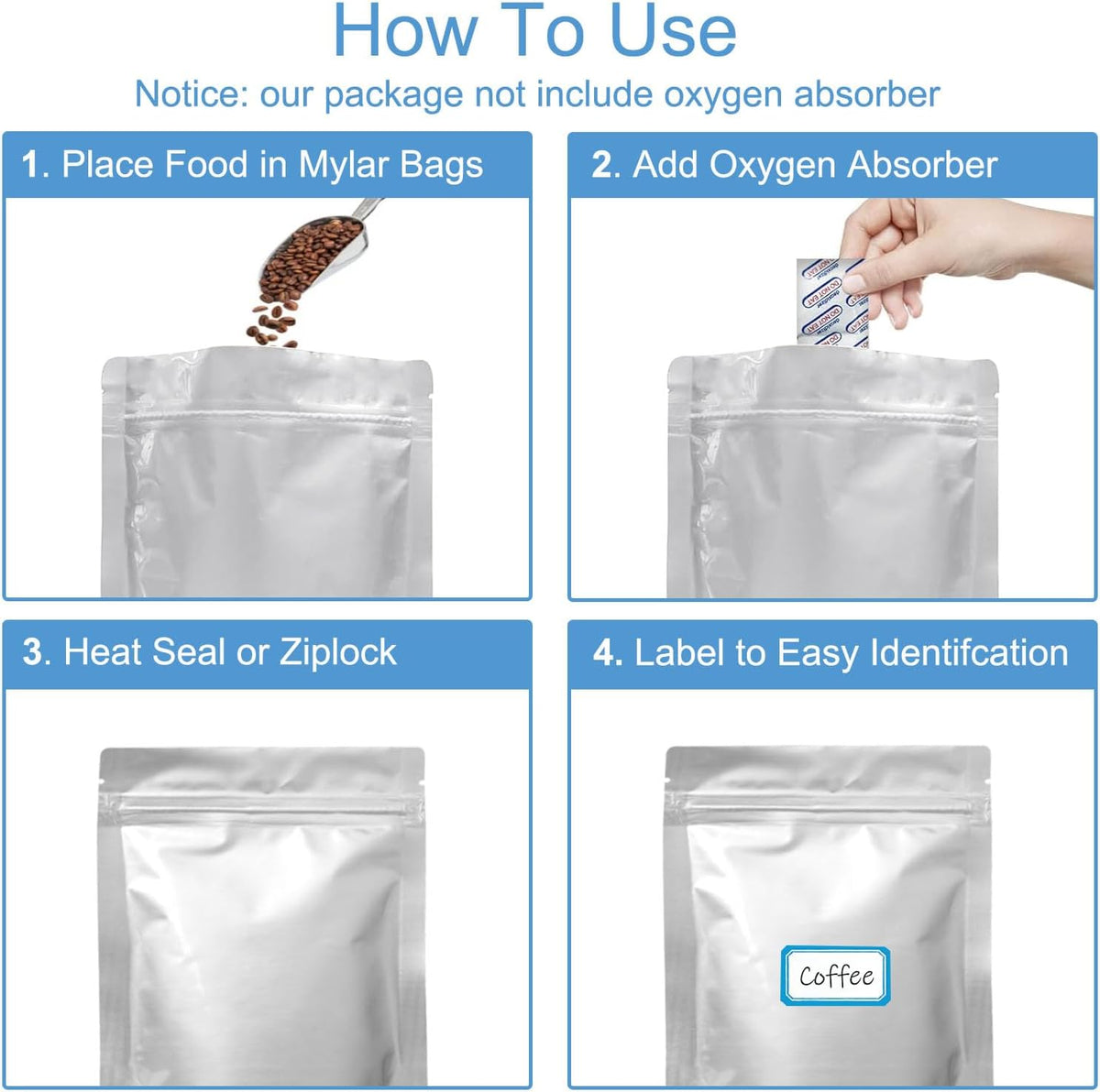 100pcs 1 QUART Mylar Bags - 10 Mil Total Thickness - 7"x10" Stand-Up Zipper Pouches, Resealable Heat Sealable Mylar Bags for Long Term Food Storage