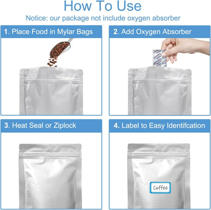 100pcs 1 QUART Mylar Bags - 10 Mil Total Thickness - 7"x10" Stand-Up Zipper Pouches, Resealable Heat Sealable Mylar Bags for Long Term Food Storage