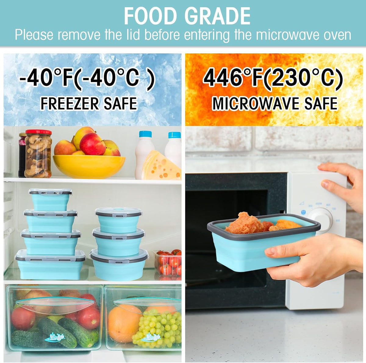 Yaomiao 16 Pack Collapsible Food Storage Container with Lid,Gray, Blue