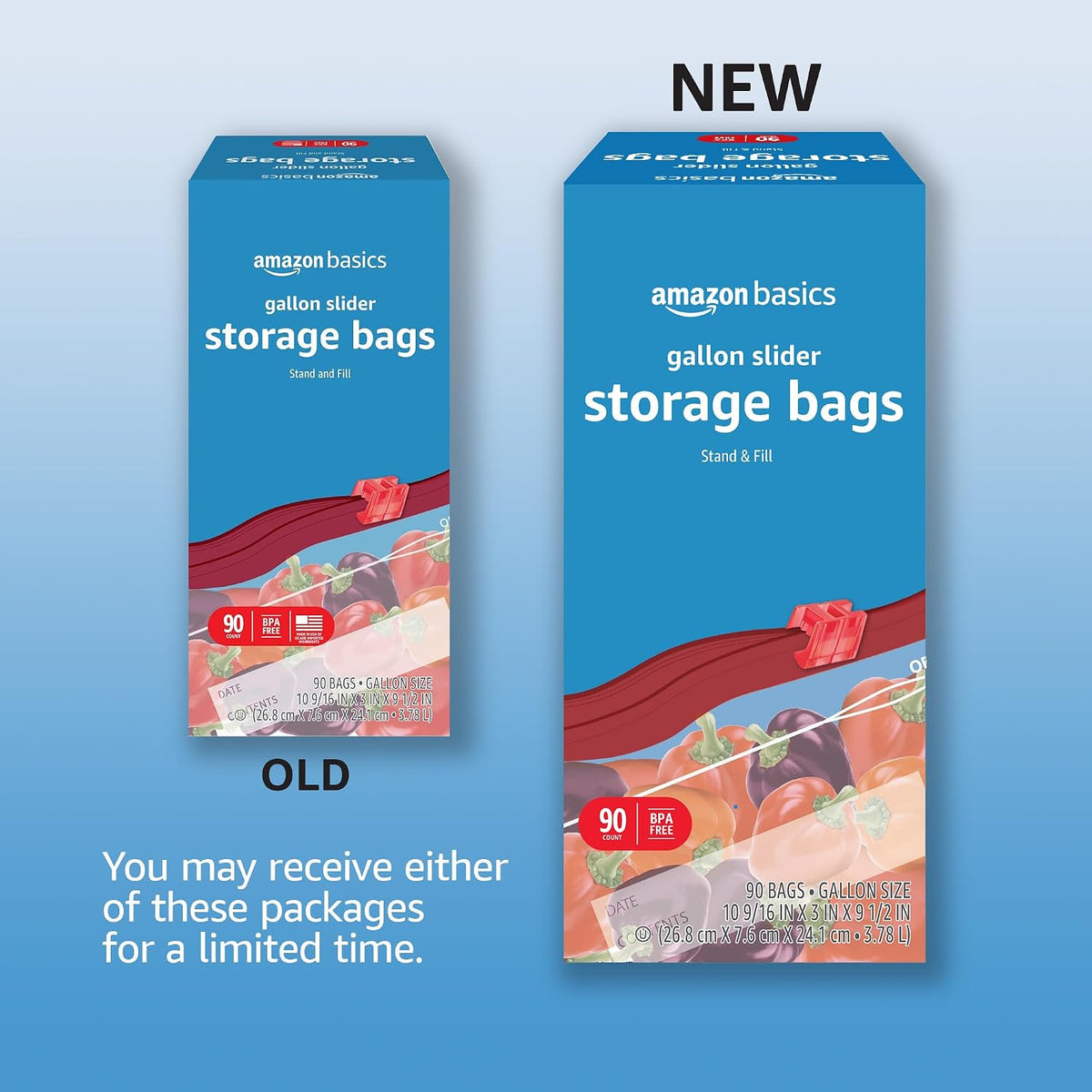 Amazon Basics Slider Gallon Food Storage Bags, BPA Free, Stand-Up Bottom, Easy to Fill, 90 Count