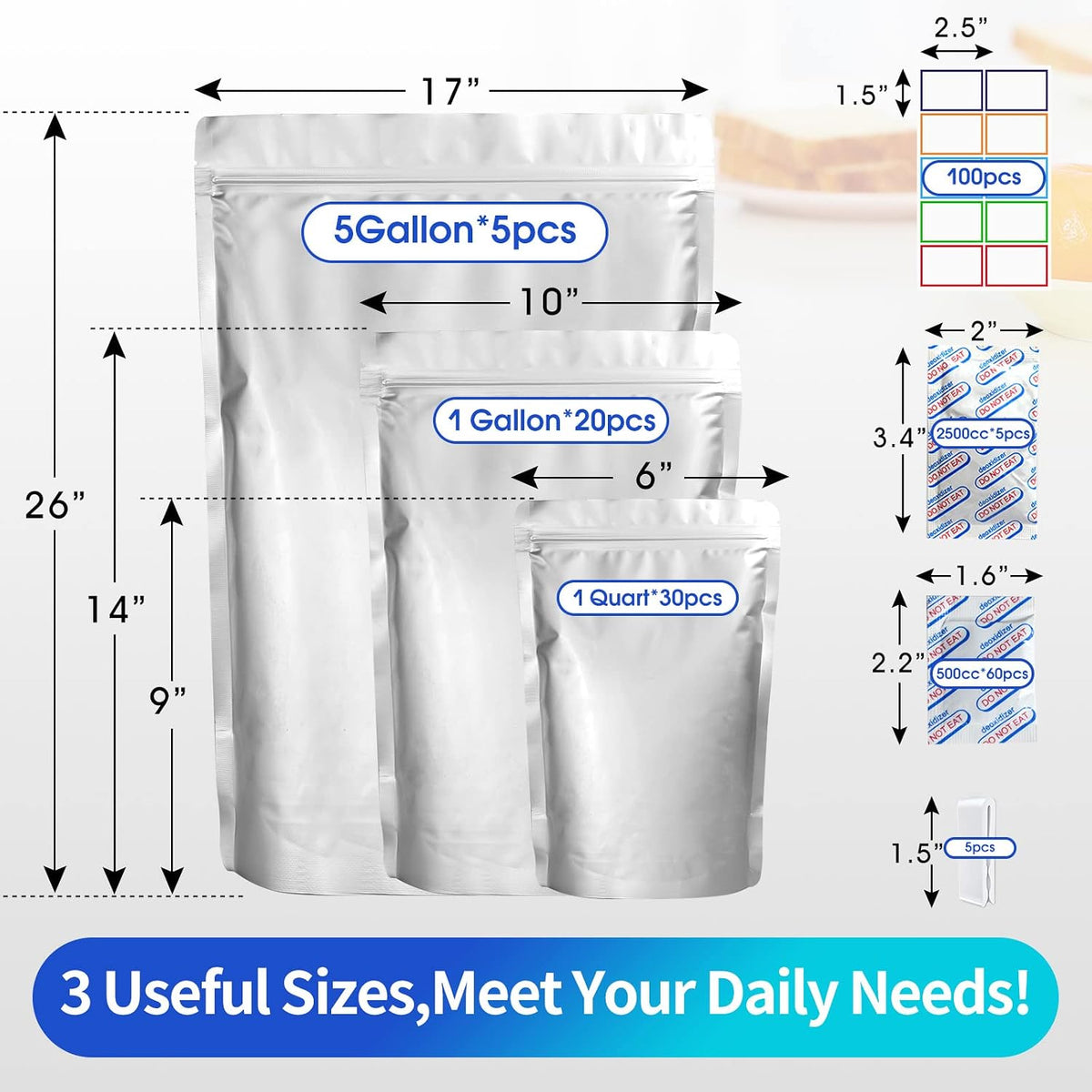 15 Mil 5 Gallon Mylar Bags for Food Storage with 2500cc Oxygen Absorbers