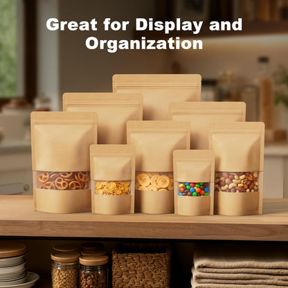 FireKylin 100 Pcs Resealable Bags, Matte Window, Paper, Brown,5.9 x 8.6 in