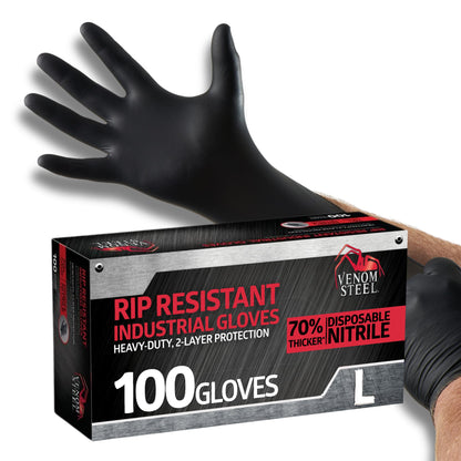 Venom Steel Industrial Nitrile Gloves, Chemical Resistant Disposable Black Gloves, Latex-Free, Powder-Free, Textured Grip, Heavy Duty Two-Layer Protection, 6 mil,Medium, 100 Count