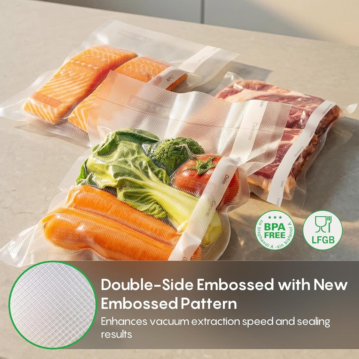 FRESKO Vacuum Sealer Bags, Precut Food Storage Bags, 200 Quart, 8"x12"