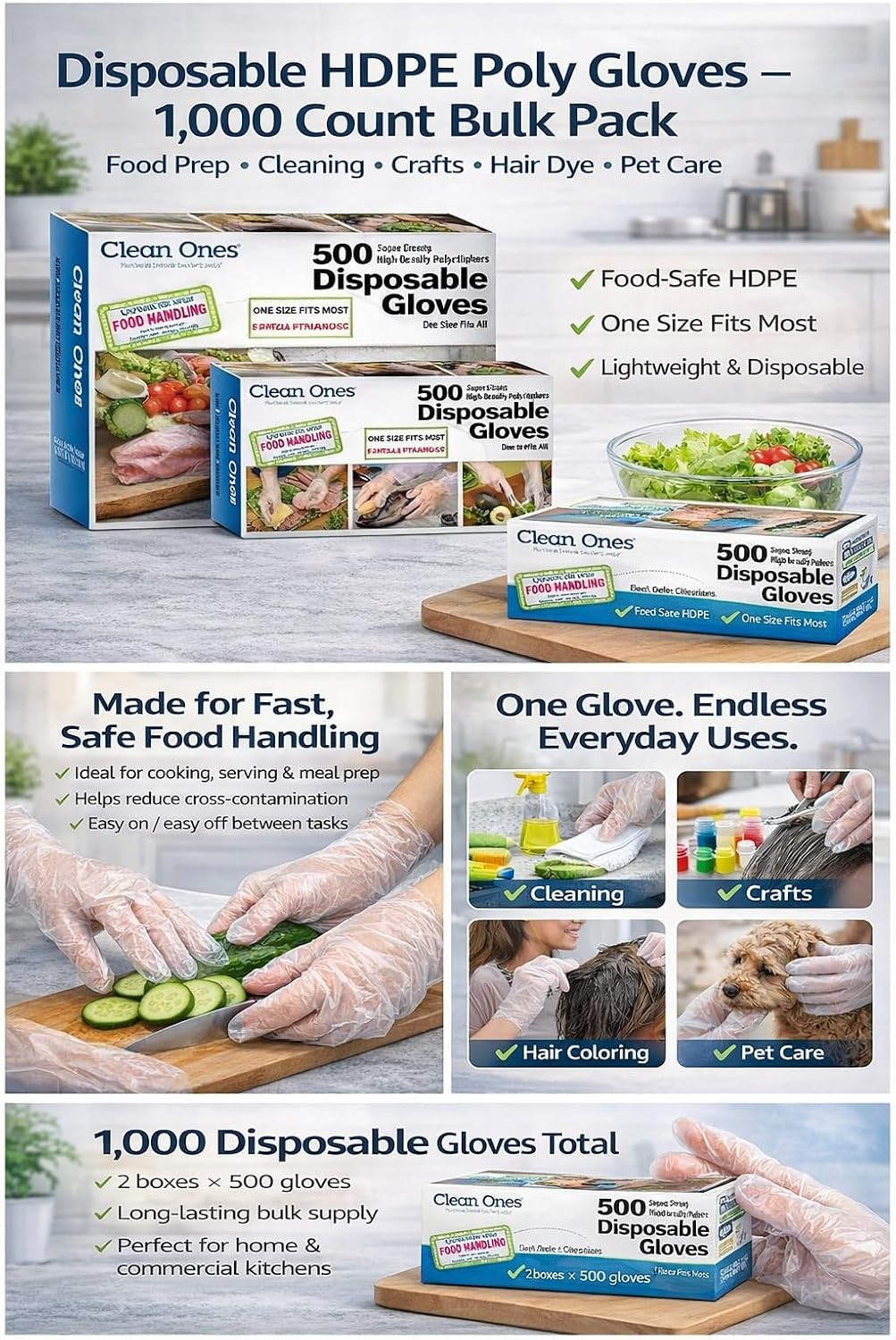 Disposable HDPE Poly xtiTS Gloves, One Size Fits All, 500 Count (2 Pack)