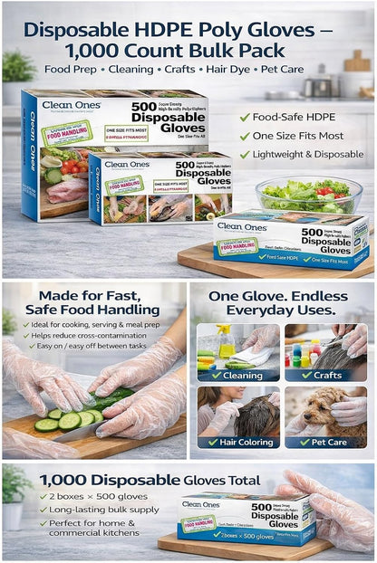 Disposable HDPE Poly xtiTS Gloves, One Size Fits All, 500 Count (2 Pack)
