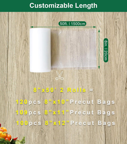 Vacuum Sealer Bags for Food, 8 Inch 50 Feet Custom Size 2-pack