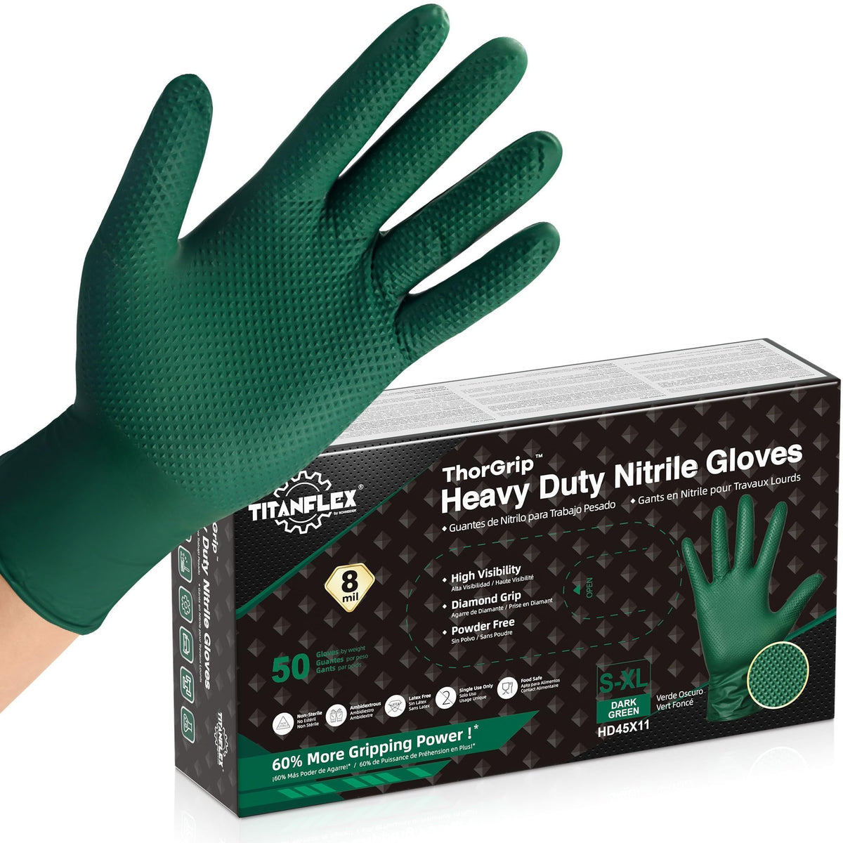 TitanFlex Heavy Duty Industrial Nitrile Gloves with Raised Diamond Texture, 8-mil, Latex Free (Green/Dark Green/Yellow)