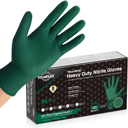 TitanFlex Heavy Duty Industrial Nitrile Gloves with Raised Diamond Texture, 8-mil, Latex Free (Green/Dark Green/Yellow)