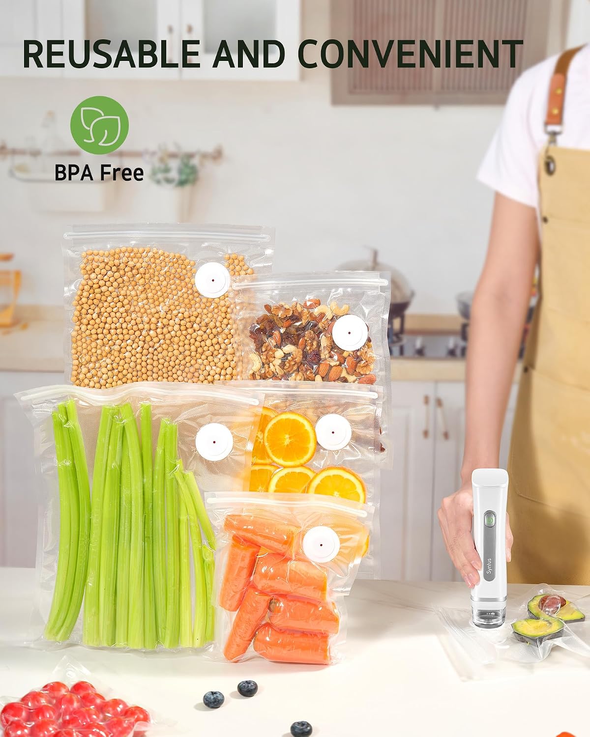 Syntus 40 Pcs Reusable Vacuum Sealer Bags for Food, S+M+L+XL