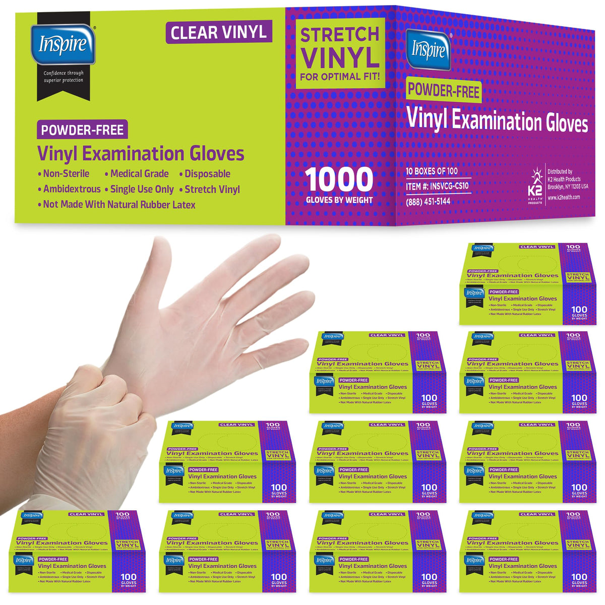 Inspire Exam Medical Clear Vinyl Disposable Gloves - Latex Free for Cleaning, Food Prep
