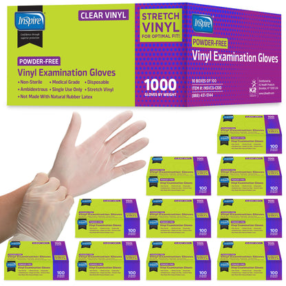 Inspire Exam Medical Clear Vinyl Disposable Gloves - Latex Free for Cleaning, Food Prep