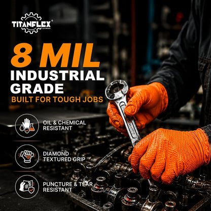 TitanFlex Heavy Duty Industrial Orange Nitrile Gloves, 8-mil, Gloves Disposable Latex Free with Raised Diamond Texture Grip, Powder Free, Rubber Glove, Mechanic Gloves,100-ct Box (Large)