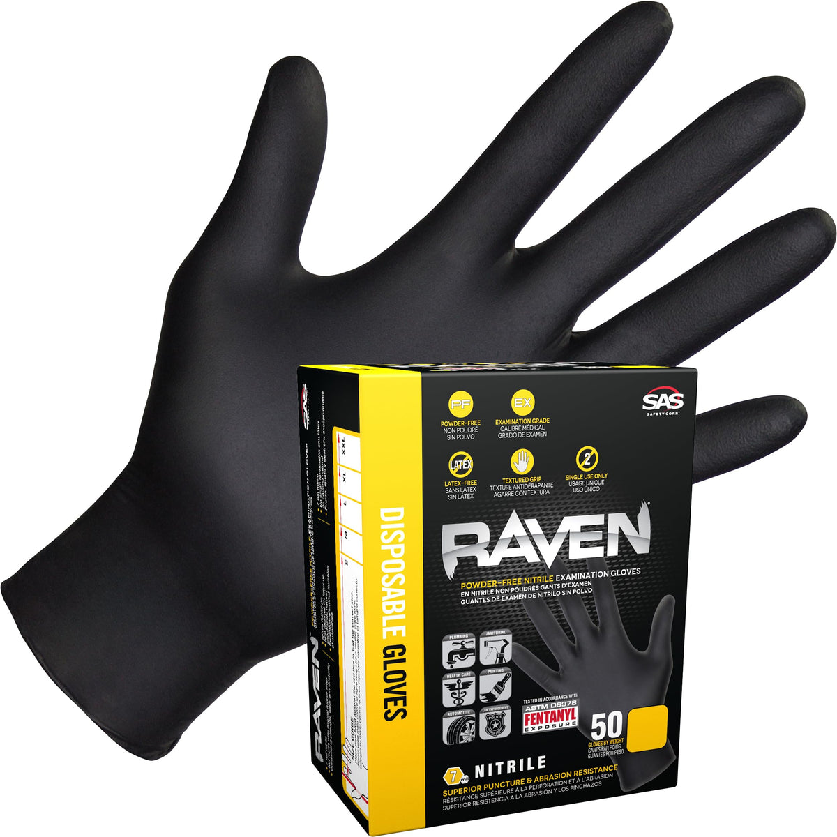 Raven Powder Free Nitrile Disposable Gloves | 7 Mil | Latex Free, Chemical + Puncture Resistant, Single Use |
