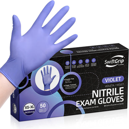 SwiftGrip Disposable Nitrile Exam Gloves, 3mil, Medium, Box of 100, Violet Nitrile Gloves Disposable Latex Free for Medical, Cleaning, Cooking & Esthetician, Food-Safe, Powder-Free, Purple