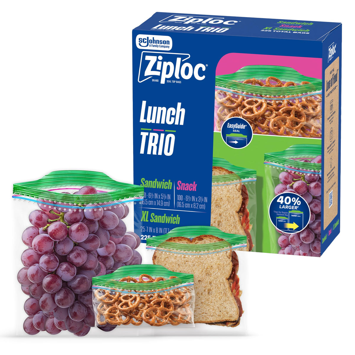 Ziploc Lunch Trio Food Storage Bags Variety Pack, 225 Total Bags