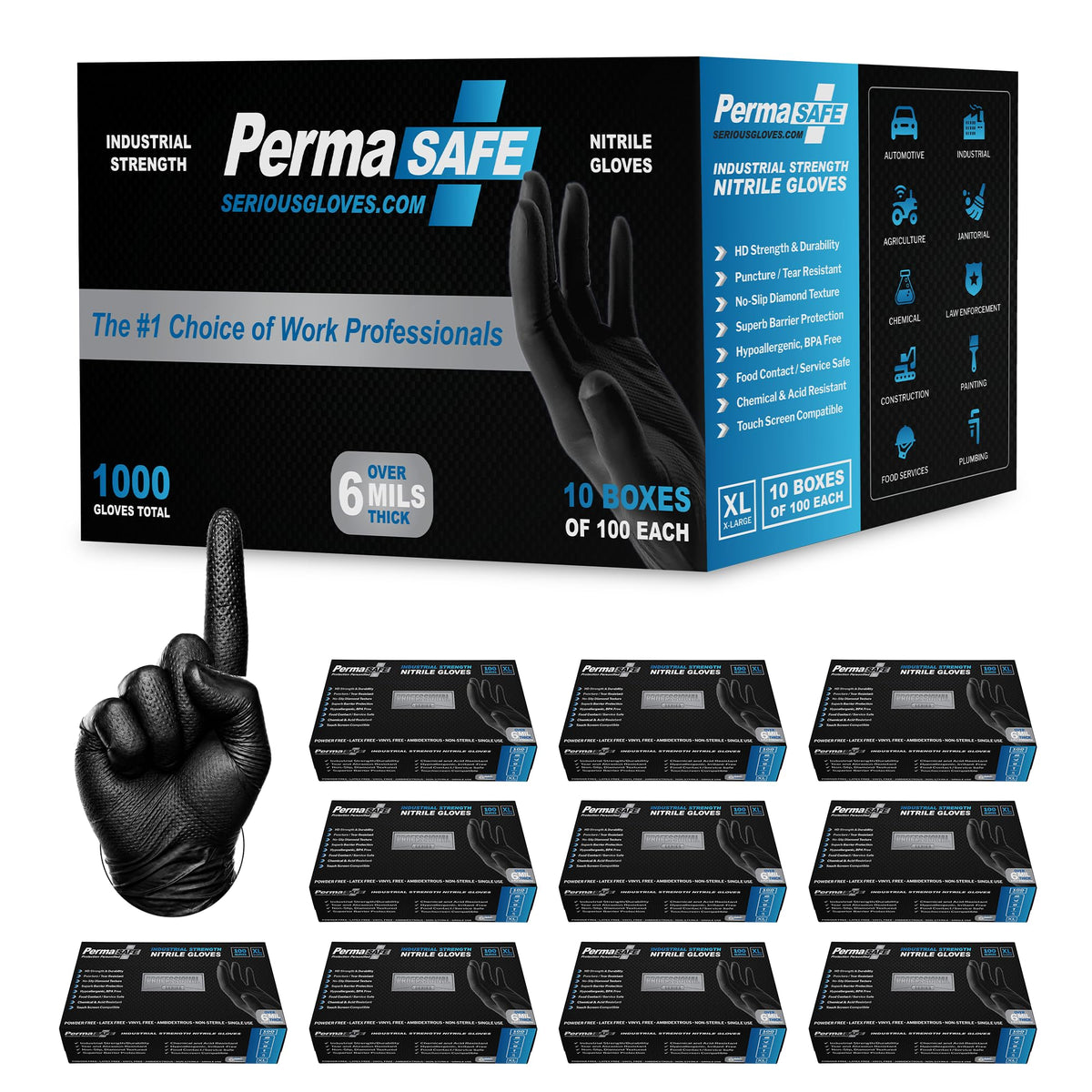 PermaSafe Black Nitrile Gloves | Heavy Duty 6+ Mil Industrial Grade Protection | Powder and Latex-Free Nitrile Disposable Gloves with Raised Textured Grip | Ideal for Mechanics, Construction & More