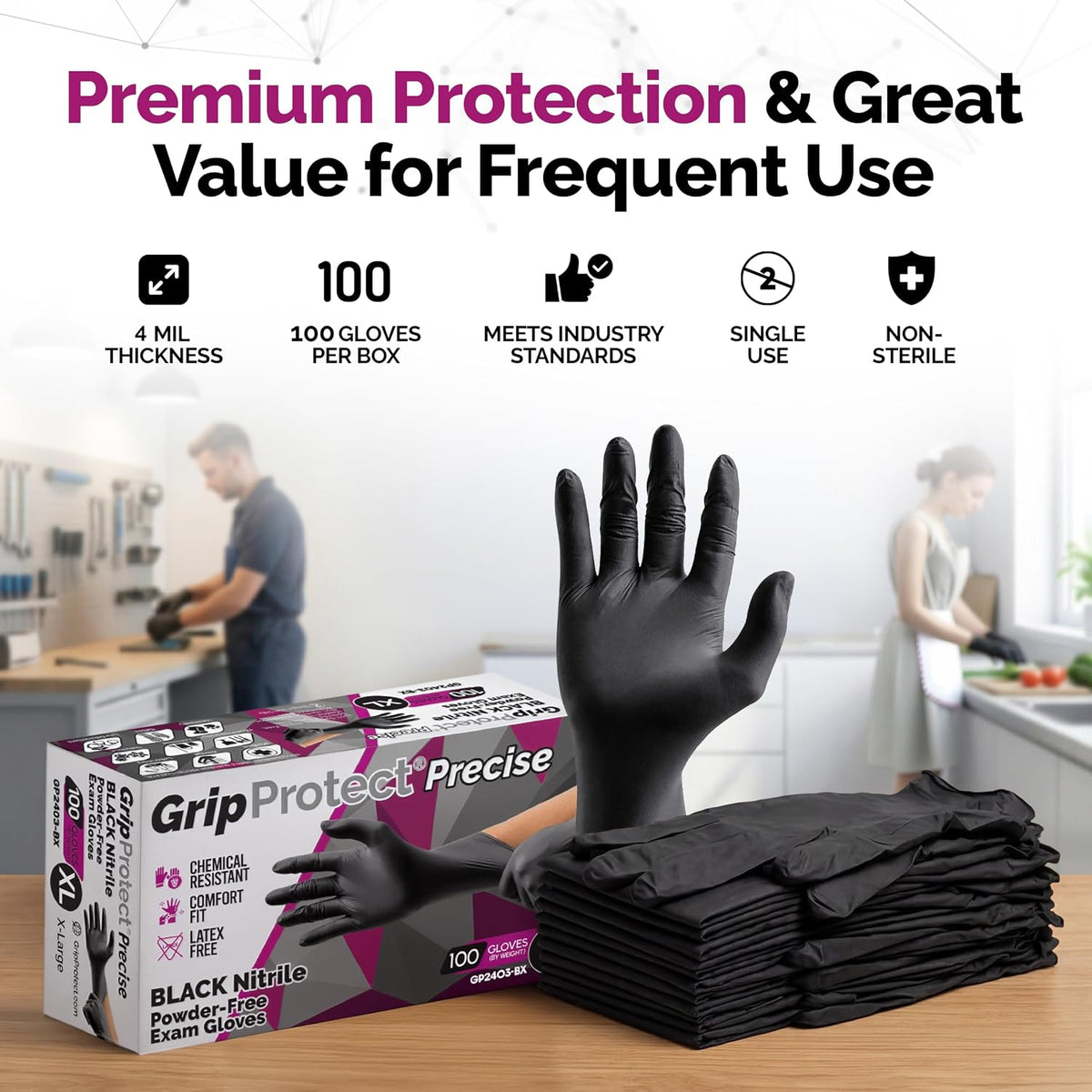 GripProtect Precise Black Nitrile Gloves 4 Mil, Chemical Resistant Gloves