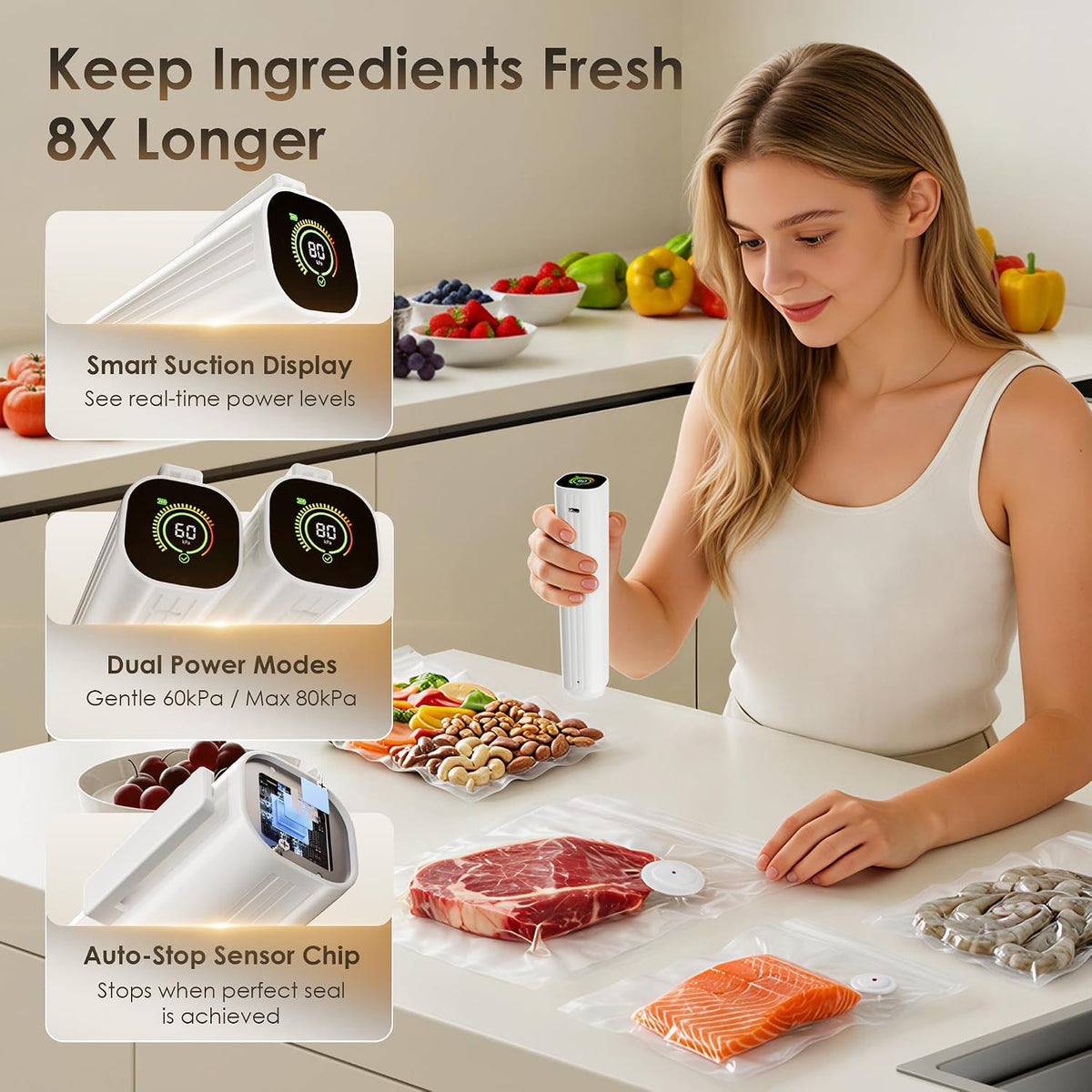 Compact Vacuum Sealer for Food (Vacuum Sealer Machine + 30 Reusable Vacuum Bags) Powerful Handheld Vacuum Sealer Machine, Featuring LED Pressure Display, Portable Food Sealer