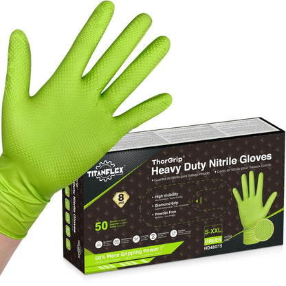 TitanFlex Heavy Duty Industrial Nitrile Gloves with Raised Diamond Texture, 8-mil, Latex Free (Green/Dark Green/Yellow)