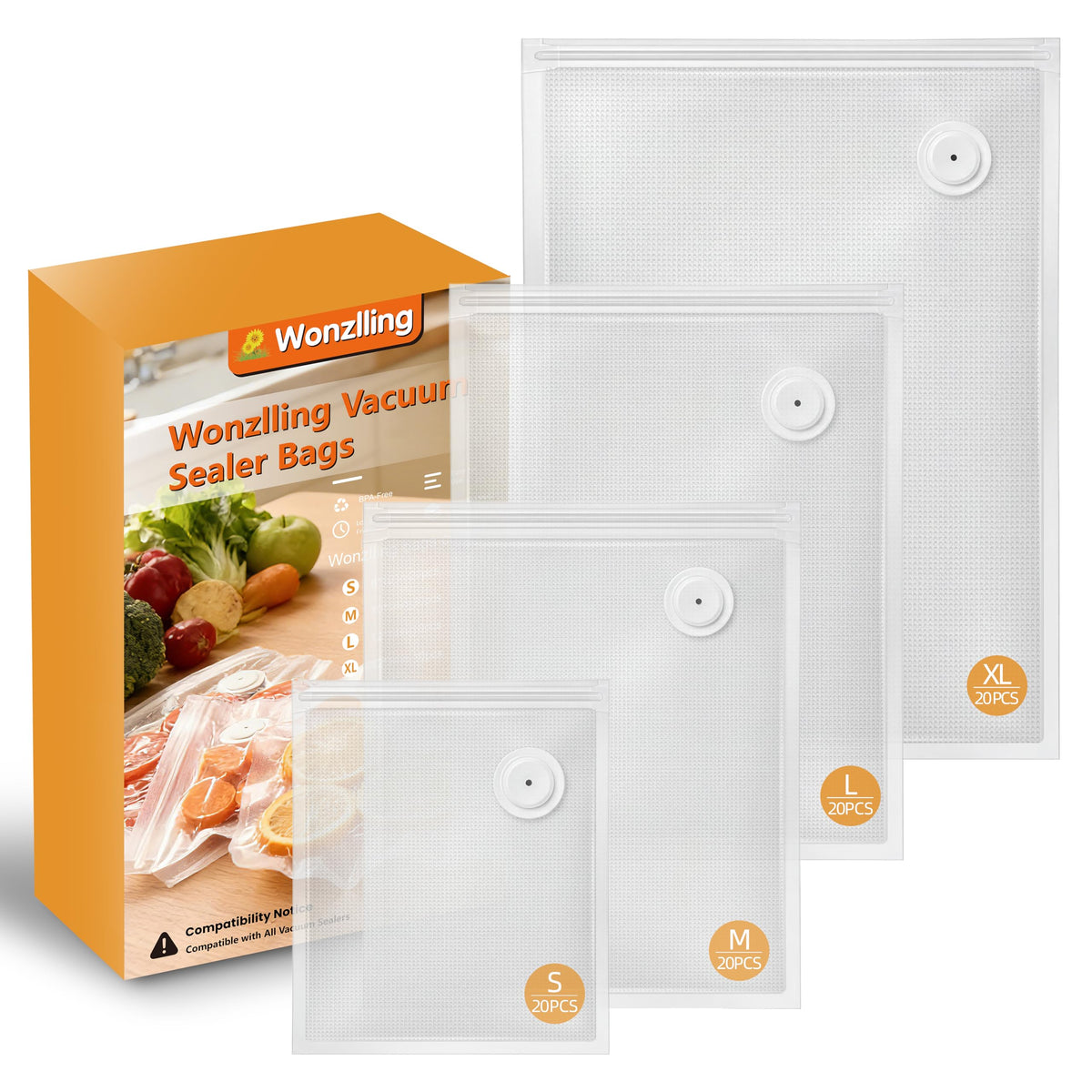 Vacuum Sealer Bags for Food, 60 Pcs Reusable Food Storage Bags, S+M+L Sizes, Air Valve Zipper Bags for Meal Prep, Freezer, Sous Vide & Microwave Storage