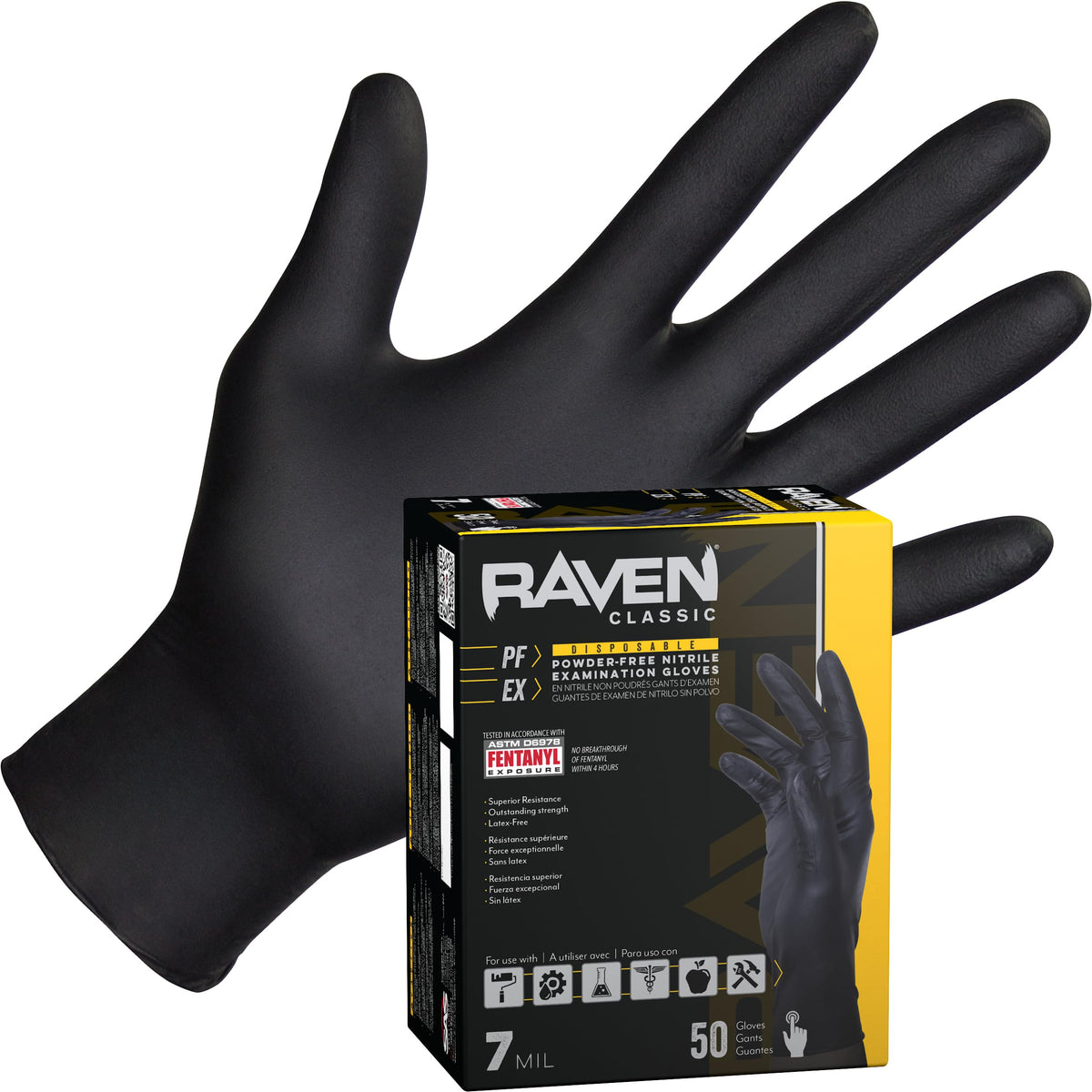 Raven Powder Free Nitrile Disposable Gloves | 7 Mil | Latex Free, Chemical + Puncture Resistant, Single Use |