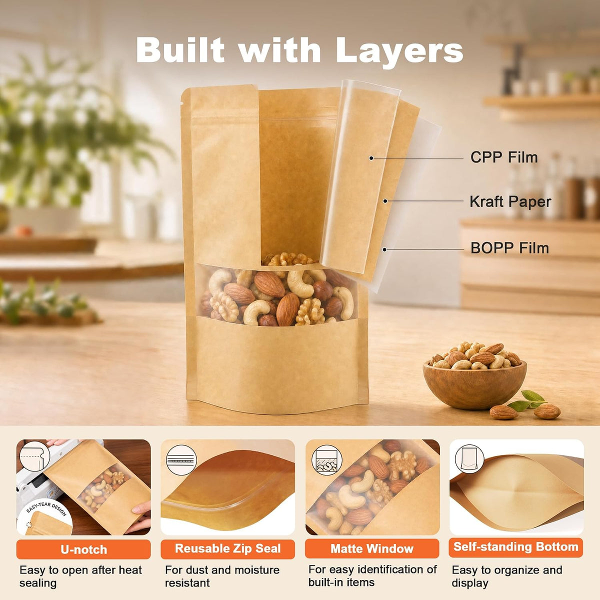 FireKylin 100 Pcs Resealable Bags, Matte Window, Paper, Brown,5.9 x 8.6 in