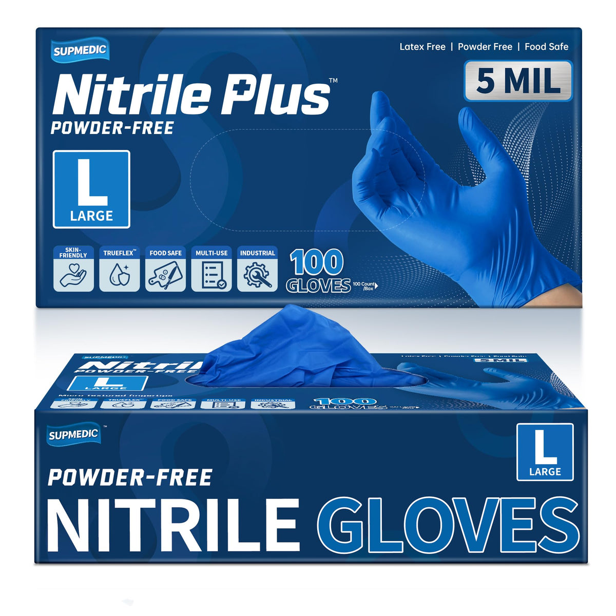 Supmedic Nitrile+ Disposable Gloves, 5 Mil Latex & Powder-Free Glove 100 Ct