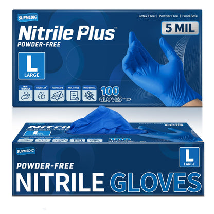 Supmedic Nitrile+ Disposable Gloves, 5 Mil Latex & Powder-Free Glove 100 Ct