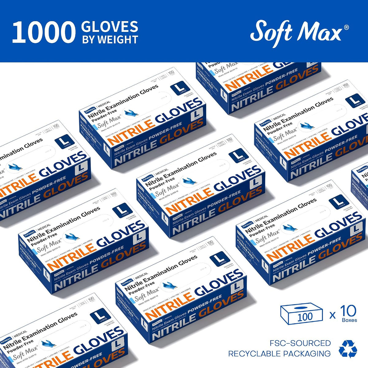 Supmedic Medical Soft Max Nitrile Exam Disposable Gloves Powder-Free 1000Ct