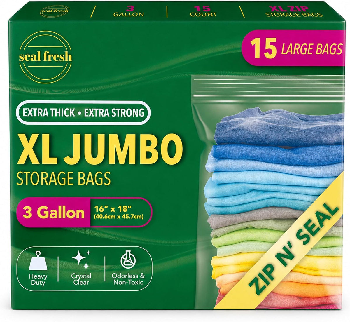 Seal Fresh 3 Gallon Large Plastic Storage Bags - 16 x 18 Inch (15 Count) - Reusable Write-On XXL Extra Large Big Oversized Clear Jumbo Zip Top Bags with Sealable Zipper for Clothes, Travel, Moving