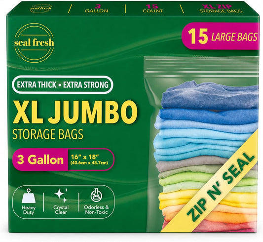 Seal Fresh 3 Gallon Large Plastic Storage Bags - 16 x 18 Inch (15 Count) - Reusable Write-On XXL Extra Large Big Oversized Clear Jumbo Zip Top Bags with Sealable Zipper for Clothes, Travel, Moving