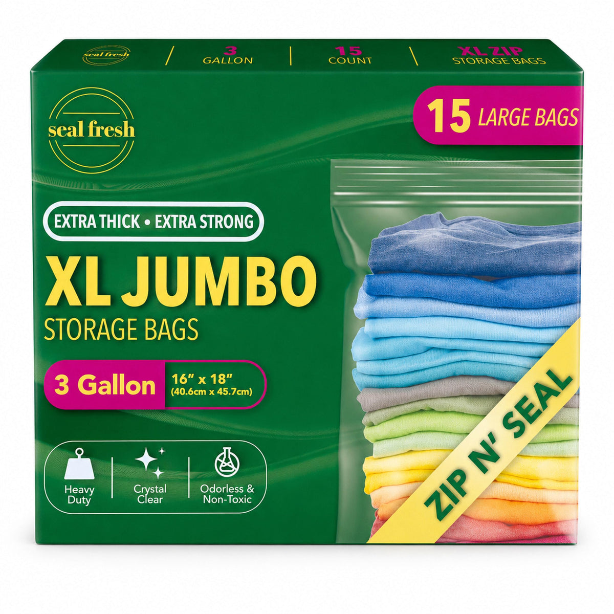 Seal Fresh 3 Gallon Large Plastic Storage Bags - 16 x 18 Inch (15 Count) - Reusable Write-On XXL Extra Large Big Oversized Clear Jumbo Zip Top Bags with Sealable Zipper for Clothes, Travel, Moving